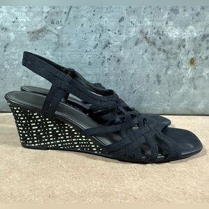 MPO Stretch Women's Black White Nerina Strappy Open Toe Sandals Wedge Heels 9.5